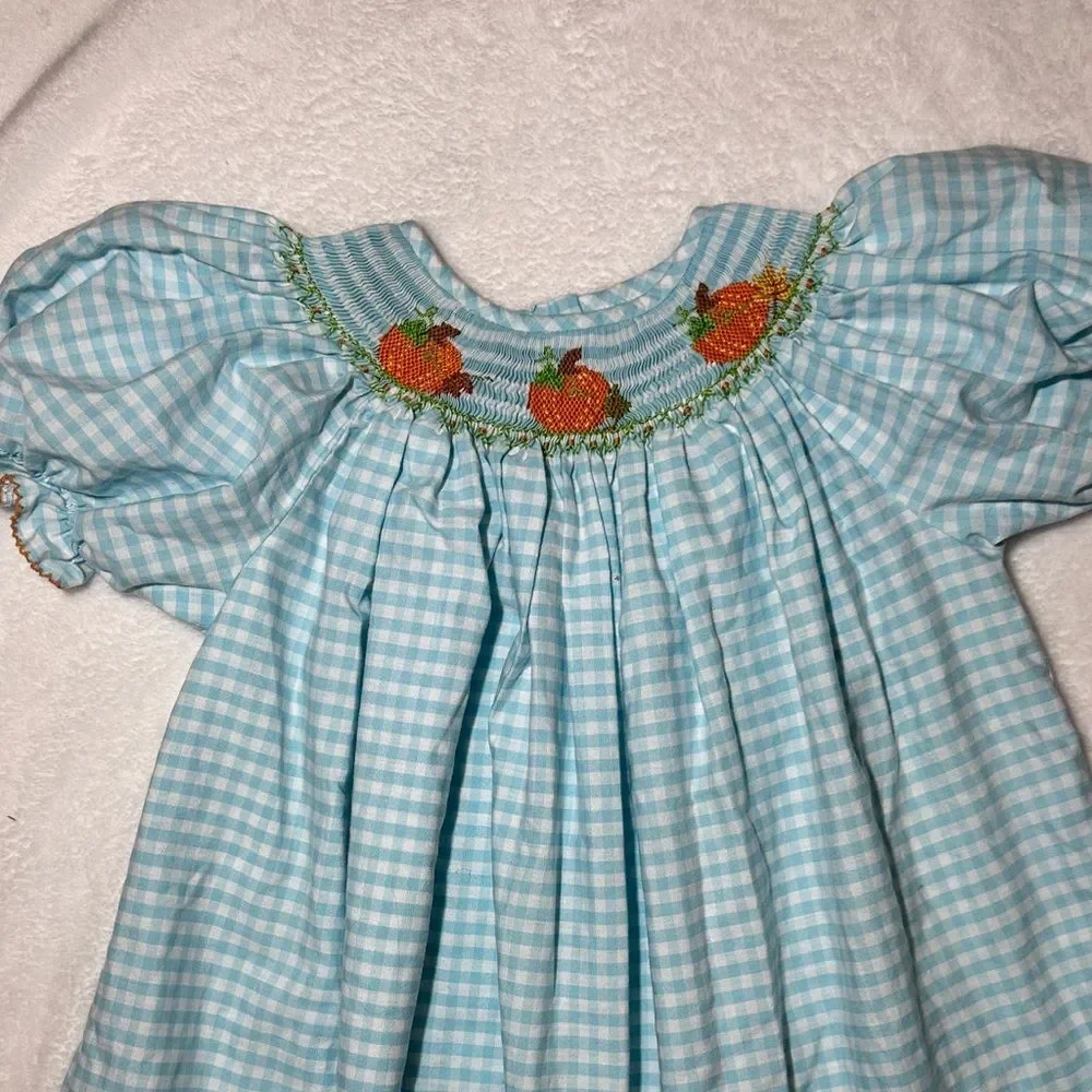 EUC silly goose Blue Gingham Dress with Pumpkin smocking size 6